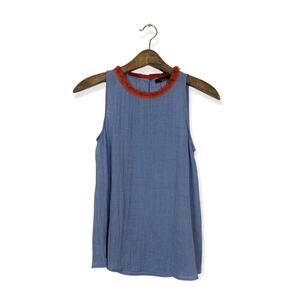THML Blue Red Fringe Accent Neck Woven Sleeveless Tunic